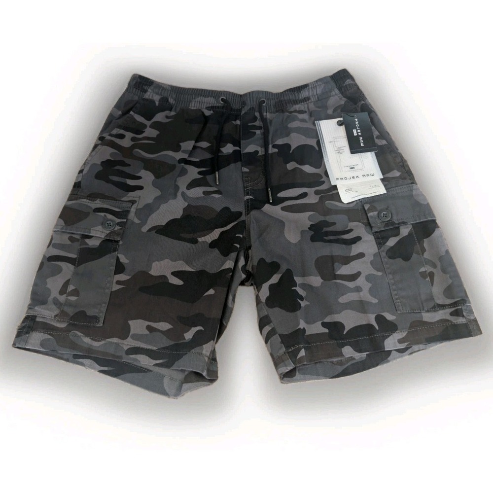 Projek Raw Mens Flex Drawstring Cargo Shorts Grey Camo New Size Small 142845